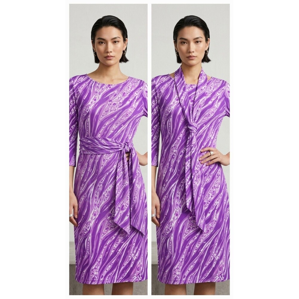 Bob Mackie Wearable Art Shift Dress L Purple Abstract Print Scarf Sash Belt Vtg